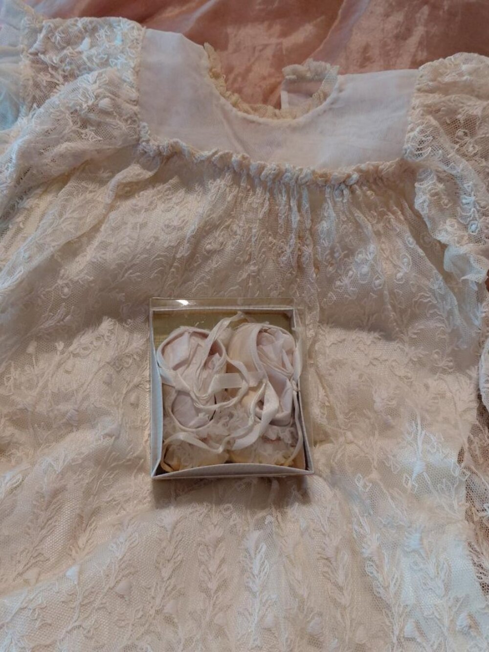 Antique Ivory Floral Lace Christening Gown with Booties